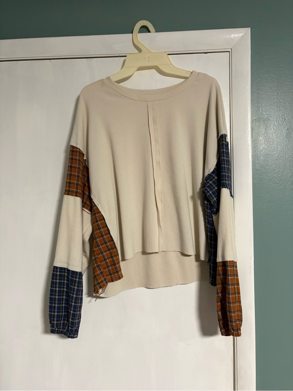 Cream Mixed-Media Crop Top with Plaid Sleeve Panels